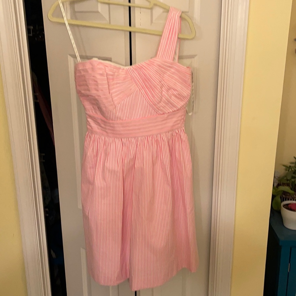 Playful seersucker one shoulder dress